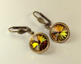 EARRINGS Autumn colors Swarovski jewel. Leverback dangle decorative. Green golden amber Fall colors brown yellow. Nature Sunshine and Flora