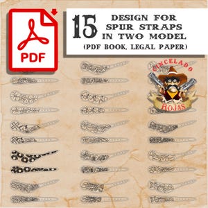 May include: A digital PDF document containing 15 designs for spur straps in two models on legal paper. The page features black line art illustrations of various floral, geometric, and playing card patterns for leather crafting, with a logo.