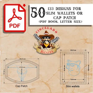 Könnte beinhalten: Ein PDF-Dokument mit 50 133 Designs für schlanke Geldbörsen oder Kappenaufnäher. Enthält eine Grafik eines Cowboys mit zwei Pistolen, einen Stierschädel-Umriss mit 109,70 mm x 77,68 mm und ein Schwein mit Sonnenbrille mit 85,00 mm x 105,00 mm.