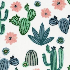 May include: A white background with a repeating pattern of cacti and flowers. The cacti are in shades of green and blue, while the flowers are pink. The design includes various cactus shapes and sizes, creating a lively, botanical theme.