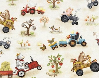 Farm minky fabric by the yard - Funny Farm Digital Cuddle® Beige - farm chicken rooster Cow tractors horse - Shannon Fabrics
