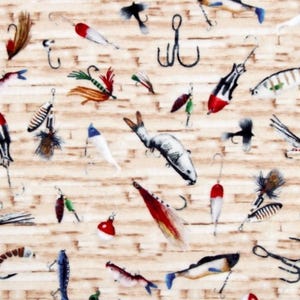 May include: A repeating pattern of fishing lures and hooks in various colors, including red, white, blue, and silver, against a light brown, wood-grain textured background. The design features a variety of fishing tackle.