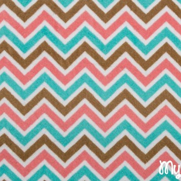 Minky fabric by the yard- Coral Breeze by Adorn It- mini chevron print minky fabric coral topaz cappuccino- chevron cuddle one yard