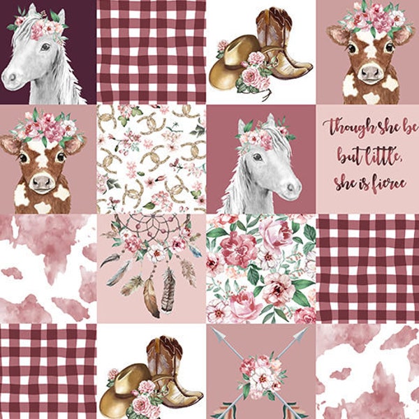 Cowgirl minky fabric - Cowgirl Digital Cuddle® Rosewater - cow horse boots floral flower girl quilt print western - shannon fabrics