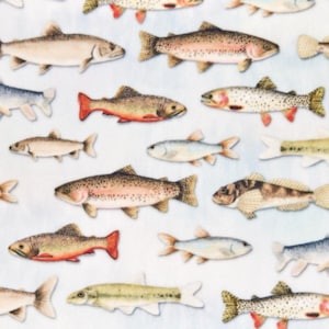 May include: A repeating pattern of various fish illustrations in shades of brown, red, blue, and green on a white background. The fish vary in size and shape, creating a dynamic and visually interesting design. This pattern is suitable for fabric or wallpaper.