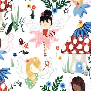 May include: A whimsical pattern featuring fairies, mushrooms, and flowers on a white background. The fairies have wings and are dressed in pink, blue, and green. The mushrooms are red with white spots. The flowers are in various colors.