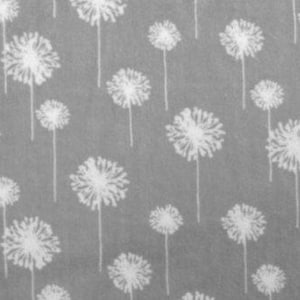 May include: A gray fabric with a repeating pattern of white dandelion seed heads. The dandelion heads are in various sizes and are evenly spaced across the fabric. The stems are thin and straight.
