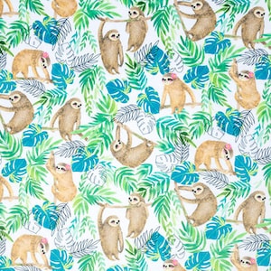 May include: A white background with a repeating pattern of sloths hanging from branches in a tropical jungle setting. The sloths are brown and have a watercolor effect. The leaves are green and blue.