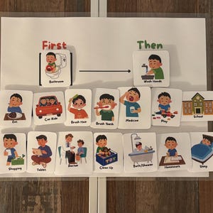 May include: A visual schedule for children, featuring illustrated cards depicting daily routines. The cards show activities like eating, brushing teeth, and going to school. The words "First" and "Then" are at the top, with an arrow indicating the sequence of events.