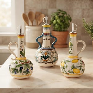 Ceramic Olive Oil Dispenser, Decorative Oil Bottle with Pour Spout, Mediterranean Kitchen Decor