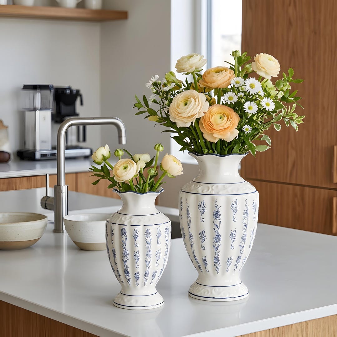 Vintage Ceramic Flower Vase Set, Blue White Floral Vase, Farmhouse ...