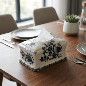 Puede incluir: Una caja rectangular de cerámica para pañuelos con una base de color crema y un patrón floral azul oscuro. El diseño incluye ilustraciones detalladas de rosas y un borde decorativo tipo encaje en la parte inferior, con un pañuelo blanco.