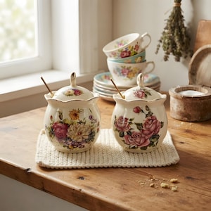 Peut inclure: Deux sucriers en céramique de couleur crème avec couvercles et cuillères dorées. Chaque bol présente un bord festonné et un motif floral coloré avec des roses et diverses fleurs. Une pile de tasses à thé assorties est en arrière-plan.