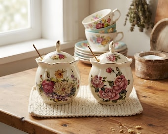 May include: Two cream-coloured ceramic sugar bowls with lids and gold-toned spoons. Each bowl features a scalloped rim and a colourful floral pattern with roses and various blossoms. A stack of matching floral teacups sits in the background.