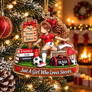 Adorno navideño personalizado de niña futbolista, acrílico plano 2D, regalo deportivo de recuerdo con nombre personalizado