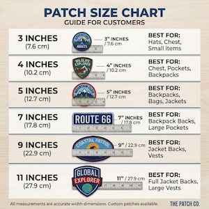 May include: A patch size chart with measurements in inches and centimeters. Patches range from 3 inches (7.6 cm) to 11 inches (27.9 cm) wide. Includes examples of patch designs and suggested uses, such as hats, backpacks, and jackets.