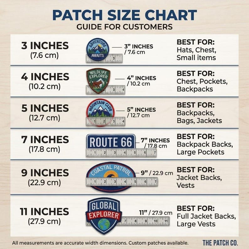 May include: A patch size chart with measurements in inches and centimeters. Patches range from 3 inches (7.6 cm) to 11 inches (27.9 cm) wide. Includes examples of patch designs and suggested uses, such as hats, backpacks, and jackets.