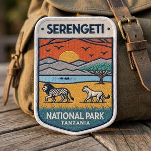 May include: A rectangular embroidered patch featuring a landscape of the Serengeti National Park in Tanzania. The design includes a yellow sun, orange sky, mountains, a tree, and two lions on a yellow field. Text reads SERENGETI NATIONAL PARK TANZANIA.