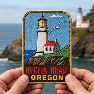 May include: A rectangular embroidered patch featuring a lighthouse with a red roof and a yellow lantern room, set against a blue sky with a white seagull. The text HECETA HEAD OREGON is stitched in red and yellow at the bottom with a gold border.