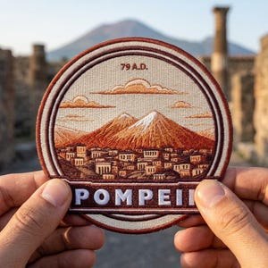 May include: A circular embroidered patch featuring a landscape of a mountain range behind a town. The text 79 A.D. appears at the top, and the word POMPEII is printed in white capital letters on a dark brown banner at the bottom of the patch.