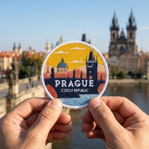 May include: A circular embroidered patch featuring a stylized cityscape of Prague, Czech Republic. The design includes a yellow sky, a dark blue tower, and terracotta-colored buildings above the text PRAGUE CZECH REPUBLIC in white letters.