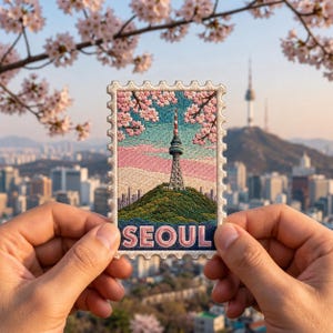 May include: A rectangular embroidered patch shaped like a postage stamp featuring a detailed scene of the N Seoul Tower atop a green hill, surrounded by pink cherry blossoms against a light blue sky, with the word SEOUL stitched in pink letters.
