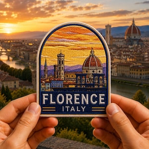 May include: Embroidered patch featuring the Florence skyline with the Duomo and Giotto's Campanile. The patch has a blue border and the words "FLORENCE ITALY" in white. The background shows a sunset over the city.