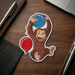 Monkey Embroidered Patch, Monkey with Balloons Iron-On Sew-On Badge, Animal Applique for Jackets & Backpacks