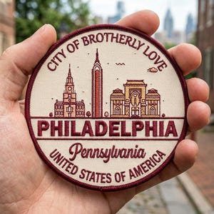 May include: A round patch with a cream-colored center and a maroon border. The patch features a skyline of Philadelphia, Pennsylvania, with the text "City of Brotherly Love" and "Philadelphia, Pennsylvania, United States of America."