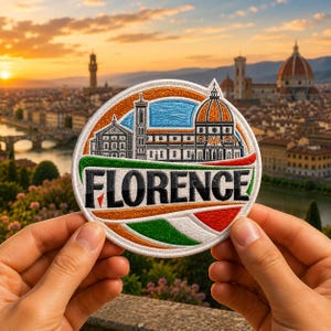 May include: Embroidered patch featuring a detailed illustration of Florence's cityscape, including the Duomo and other landmarks. The patch is circular with the word "FLORENCE" in bold letters. The design incorporates orange, green, red, and blue colors.