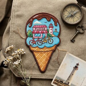 Ice Cream Fudge Shop Patch – Lighthouse Coastal Iron-On Applique for Jacket, Hat, Backpack