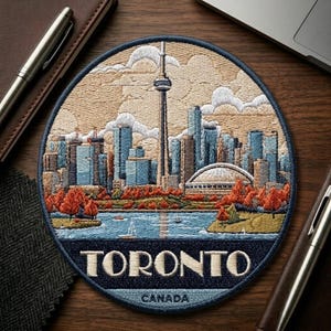 May include: Embroidered patch featuring the Toronto skyline, including the CN Tower, with a blue lake and autumn trees. The patch is round with the word "TORONTO" and "CANADA" in a navy blue border.