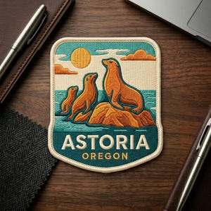 May include: A rectangular embroidered patch with rounded corners featuring three orange sea lions on a rocky outcrop. The background shows a teal ocean, a yellow sun, and orange clouds. The text ASTORIA OREGON is embroidered in white at the bottom.