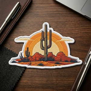Desert Sunset Cactus Patch, Embroidered Southwest Applique, Iron On Jacket Hat Backpack Western Gift