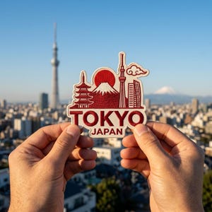 May include: A fabric patch featuring an embroidered design of the Tokyo skyline in red and white thread. The design includes a pagoda, a large red sun, Mount Fuji, the Tokyo Skytree, and a cloud. The text TOKYO and JAPAN is embroidered below.