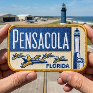 Pensacola Florida Lighthouse Jet Embroidered Patch – Coastal Aviation Badge for Jackets & Backpacks