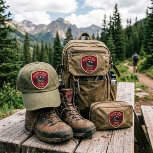 May include: An outdoor adventure set featuring a backpack, cap, boots, and toiletry bag, all in earthy tones. Each item displays a "Mountain Trail Adventures" patch with a mountain and boot graphic. The items are arranged on a wooden surface with a scenic mountain backdrop.