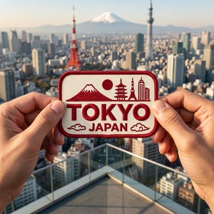 May include: A rectangular embroidered patch with a red border on a white background. It features a red graphic of Mount Fuji, a pagoda, a tower, and city buildings. The text TOKYO is in large red letters, with JAPAN below it in smaller red letters.