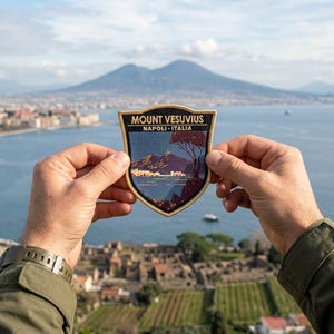 May include: A shield-shaped patch featuring an illustration of Mount Vesuvius, with the text "MOUNT VESUVIUS NAPOLI - ITALIA". The patch has a gold border and depicts a landscape with mountains, water, and a tree. The background shows a city and a mountain.