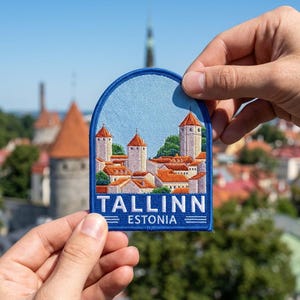 May include: A blue patch with an arched top featuring a detailed illustration of Tallinn, Estonia. The design includes buildings with orange roofs and white towers under a blue sky. The text "TALLINN ESTONIA" is displayed at the bottom.