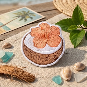 Coconut Hibiscus Flower Patch – Tropical Embroidered Iron-On Badge