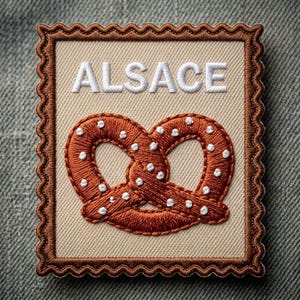 May include: A rectangular embroidered patch with a scalloped brown border on a beige background. The word ALSACE is stitched in white capital letters above a brown pretzel graphic featuring small white embroidered dots representing salt crystals.