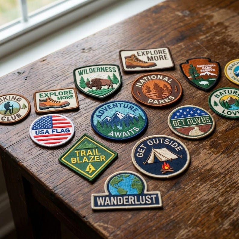 May include: A collection of embroidered patches with outdoor and travel themes. Designs include a hiking boot, a bison, the USA flag, mountains, a tent, and the words "Explore More," "Adventure Awaits," and "Wanderlust." Patches are in various shapes and colors.