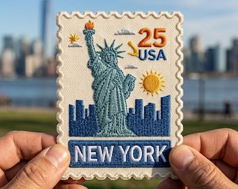 New York Statue of Liberty Stamp Embroidered Patch – Vintage Travel Iron-On Badge for Jackets & Backpacks