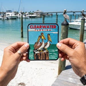 May include: A rectangular embroidered patch featuring the text CLEARWATER FLORIDA in red letters. The design depicts three brown pelicans perched on a wooden piling against a light blue sky and green water, with a white cloud in the background.
