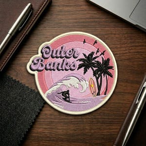 Outer Banks Surf Patch, Palm Tree Beach Scene Embroidered Badge, Iron On Jacket Hat Backpack Travel Souvenir