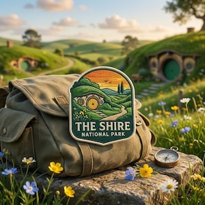 May include: A green canvas backpack rests on a stone, with a patch featuring a landscape scene and the text "THE SHIRE NATIONAL PARK." A compass and wildflowers are nearby. The patch depicts a hobbit hole with a yellow door.