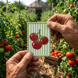May include: A rectangular fabric patch with a scalloped edge featuring a white and light green vertical striped pattern. The center displays an embroidered illustration of three red tomatoes on a green stem with visible white highlights.