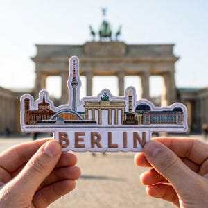May include: An embroidered patch featuring a detailed skyline of Berlin, Germany, including the TV Tower, Brandenburg Gate, and Victory Column. The word BERLIN is stitched in large, bold, tan letters at the bottom of the white fabric patch.