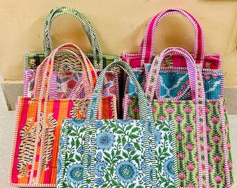 Quilted Cotton Block Print Tote Bag, Floral Mini Handbag, Rajasthan Handmade Bag Women Beach Tote Bag Gift Bag